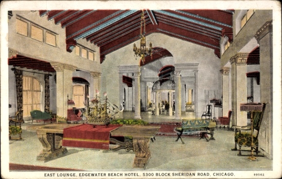 Postcard Chicago Illinois USA, East Lounge, Edgewater Beach Hotel, interior view, furniture, decoration