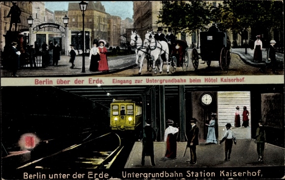 Postcard Berlin, Underground Station Hotel Kaiserhof, U-Bahn, Carriages