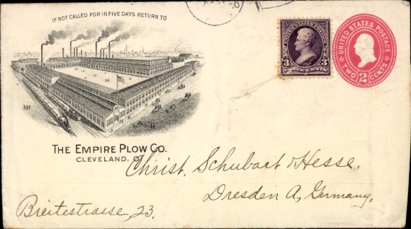 AK Cleveland Ohio USA, illustration of a factory, sender's address text, postmark