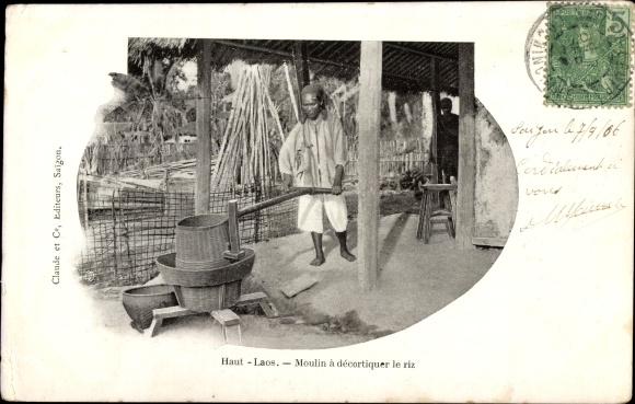 Postcard Laos, rice husking mill