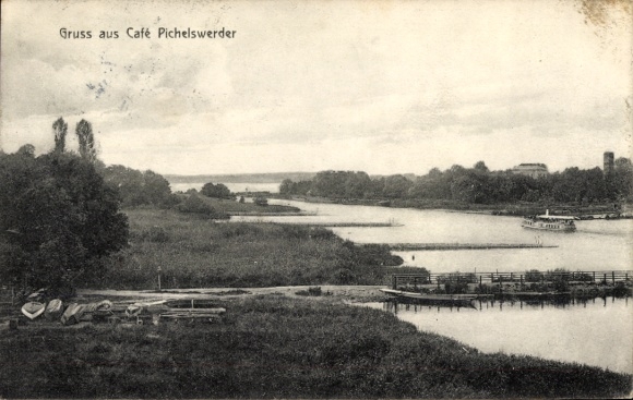 Postcard Berlin Spandau Wilhelmstadt Pichelswerder, river landscape, boats, café trees, sky