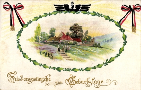 Passepartout Postcard Congratulations Birthday, Village Idyll, Patriotism