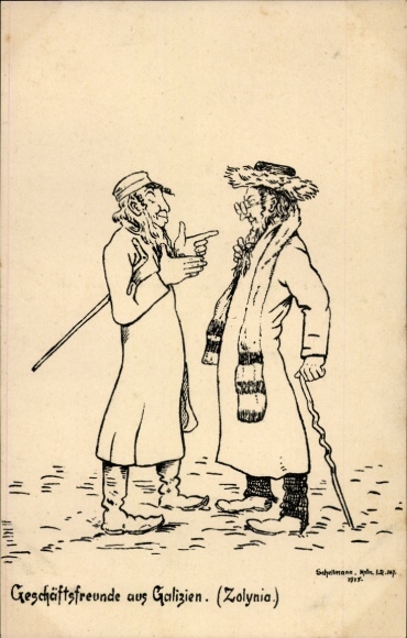 Artist Postcard Business Friends from Galicia, Zolynia, Propaganda WWI, anti-Jewish