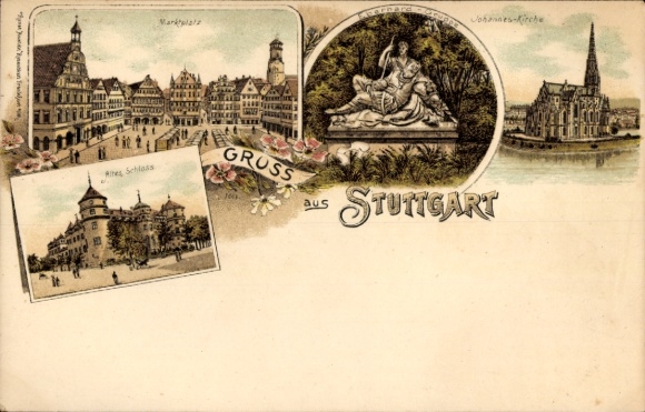 Lithograph of Stuttgart in Württemberg, St. John's Church, market square, castle