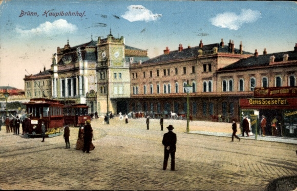 Postcard Brno Brünn South Moravia, Ustredni nádrazi, trams, Ceres cooking fat