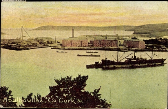 Postcard Cork Ireland, harbor view, ships, buildings, landscape, Had bowline, Co Cork