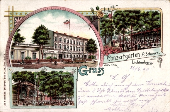 Lithograph Berlin Lichtenberg, Concert Garden P. Schwarz, exterior views