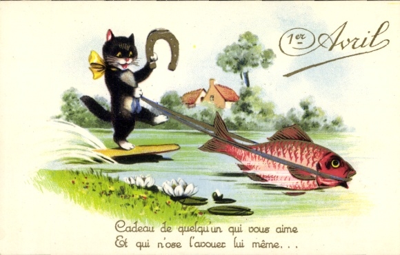Postcard Congratulations April 1st, cat, fish, horseshoe