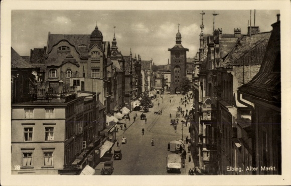 Postcard Elbląg Elbing West Prussia, Old Market, street view, buildings, people, vehicles