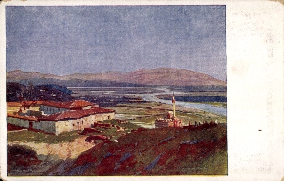 Artist Postcard Prinz, Karl Ludwig, Lezha Albania, village with landscape view, mosque