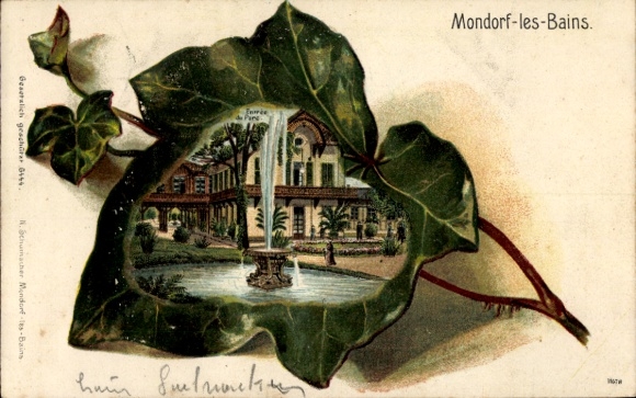 Embossed ivy leaf litho Mondorf les Bains Bad Mondorf Luxembourg, Entree du Parc, fountain