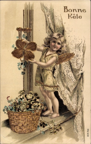 Coin with congratulations, angel with clover, forget-me-not