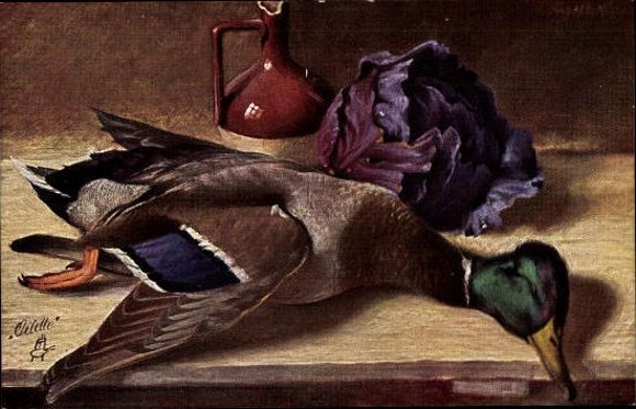 6 artists' PCs in an envelope, Oilette series by Fritz Hildebrandt, still life of a kitchen table