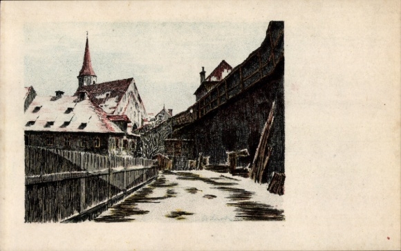 Postcard Eger Erlau Hungary, colored pen drawing, Franciscan Court, B. Lark