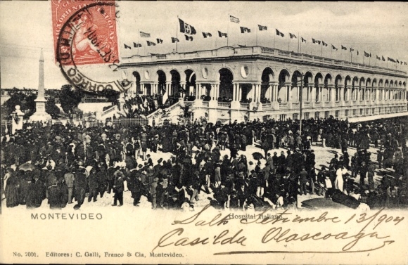 PC Montevideo Uruguay, crowd, buildings, flags, postmark