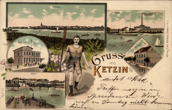 Lithograph of Ketzin on the Havel River, general view, brickworks, train station, ferry