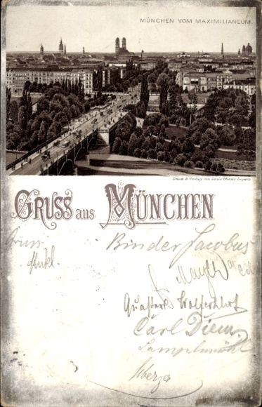 Lithograph Munich, city panorama seen from the Maximilianeum
