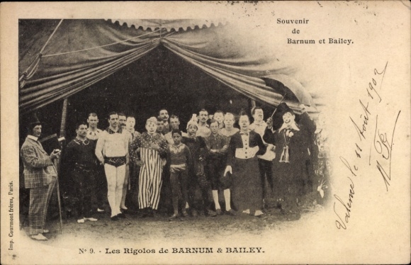 Postcard Les Rigolos de Barnum et Bailey, circus artists, clowns