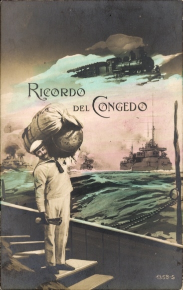 Postcard memory of the farewell, Italian sailor, warships