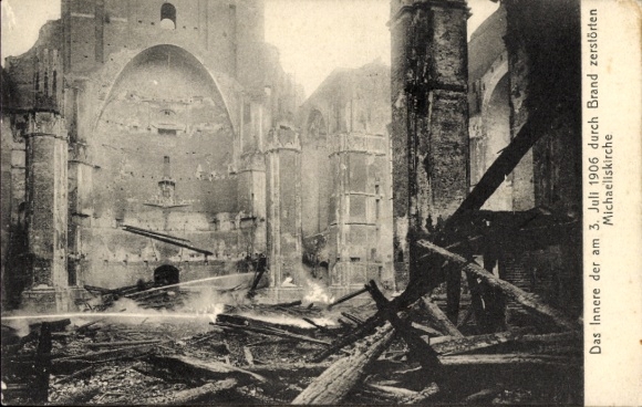 Hamburg Mitte Old Town, fire at St. Michael's Church, view of the destroyed church