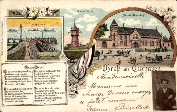 Lithograph of Cuxhaven, water tower, Alte Liebe (Old Love), train station