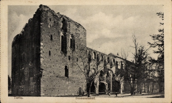 Postcard Tartu Dorpat Estonia, Ruin, Tarlu, Doomevaremed, Trees, People