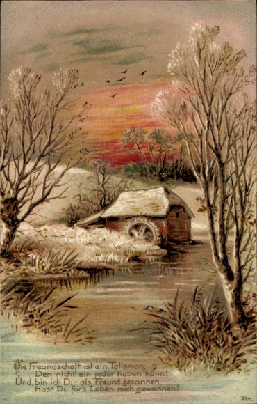 Artist Ak, Watermill in Winter, Friendship is a Talisman, Poem