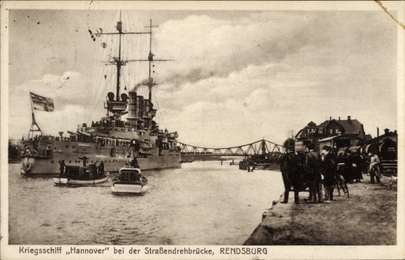 Postcard Rendsburg in Schleswig-Holstein, warship Hannover near the road swing bridge