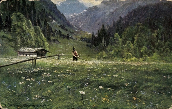 Artist Postcard Bauer in a flower meadow, mountains, residential building