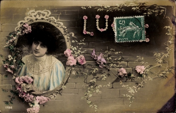 Letters Postcard First name, flowers, woman's portrait