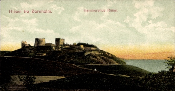 Postcard Allinge Sandvig Bornholm Denmark, Hammershus ruins, coastal landscape,