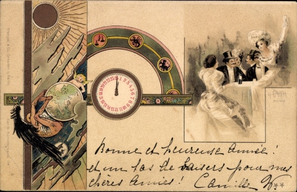 Artist lithograph clock with 24 hours, zodiac signs, ladies and gentlemen