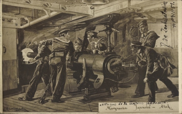 Postcard Japanese marines, gun, Japanese warship