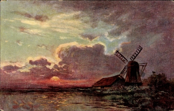 Artist Postcard Windmill at dusk by the water