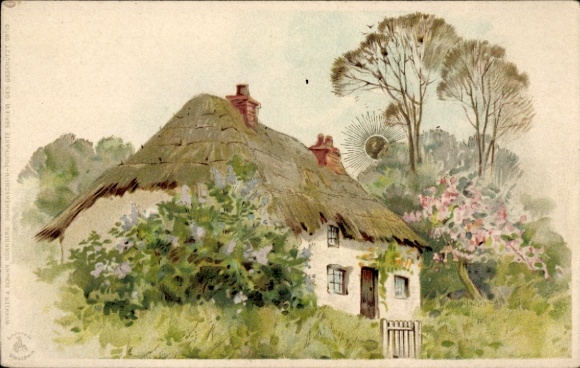 Lithograph of a residential building and a flowering tree
