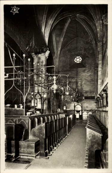 Judaika Postcard Praha Prague Czech Republic, Jewish flag, Gothic vault, Old New Synagogue