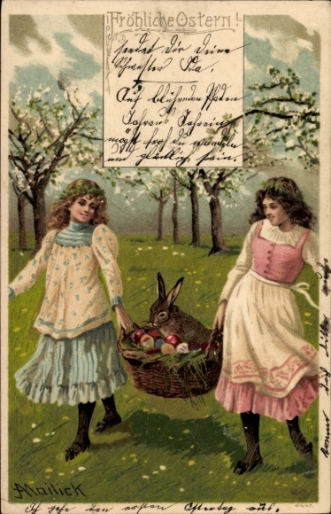 Artist Postcard Mailick, Happy Easter, Girl, Easter Bunny