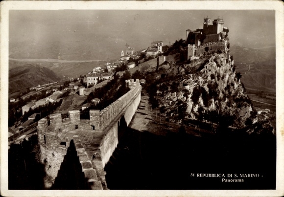 Postcard San Marino, panorama of fortress, mountains, black and white photo