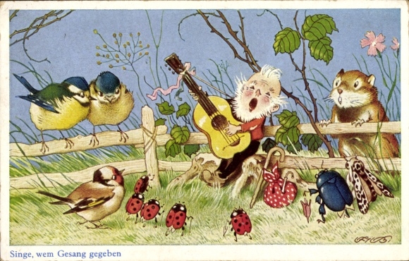 Artist Postcard Baumgarten, Fritz, Sing, whoever has been given song, birds, beetles, dwarf with guitar
