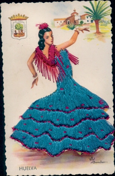 Silk embroidery artist Postcard Huelva Andalusia, dancing woman, Spanish costume, coat of arms