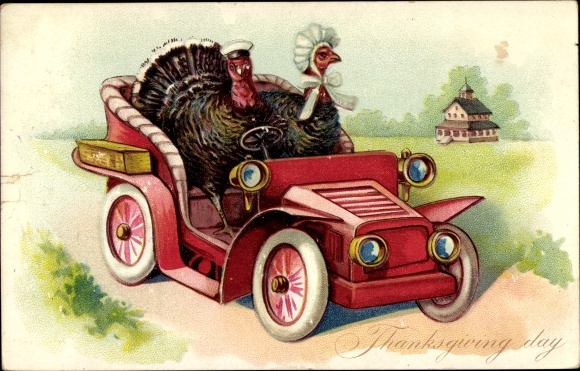 Postcard Thanksgiving, humanized turkeys in automobiles