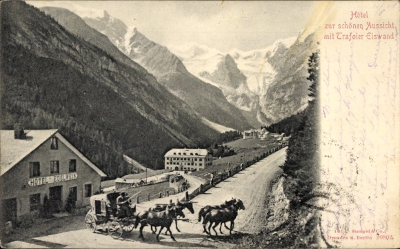Postcard Trafoi Stilfs Stelvio South Tyrol, Hotel zur schönen Aussicht, Hotel Edelweiss, Postkutsche
