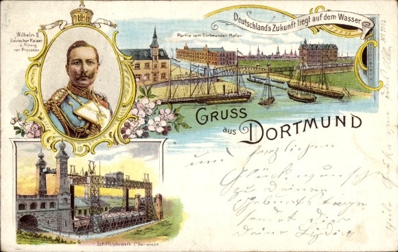 Chromo-Litho Dortmund in the Ruhr area, Kaiser Wilhelm II, Oberwiese ship lift, harbor