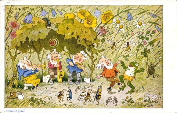 Artist Postcard Baumgarten, Fritz, Allweil fidel, Dancing Dwarfs and Animals