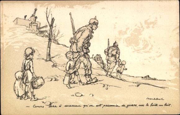Artist Postcard Poulbot, Francisque, German soldiers take French children as prisoners of war