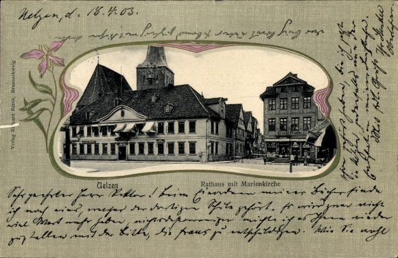 Passepartout Postcard Uelzen in Lower Saxony, Town Hall, St. Mary's Church