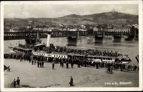 PC Linz on the Danube Upper Austria, express ship, steamer, bridge