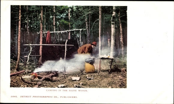 Postcard Maine USA, camping in the woods