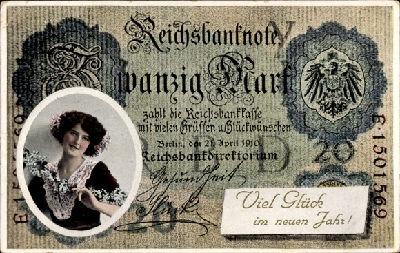Happy New Year, Reichsbanknote Twenty Mark, banknote, portrait of a woman