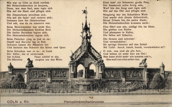 Cologne, Cologne on the Rhine, Heinzelmännchen Fountain, poem about the Heinzelmännchen, Cologne